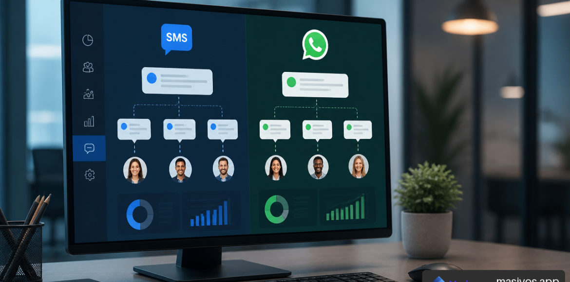 Comparación visual entre SMS masivos y WhatsApp Business API para empresas.