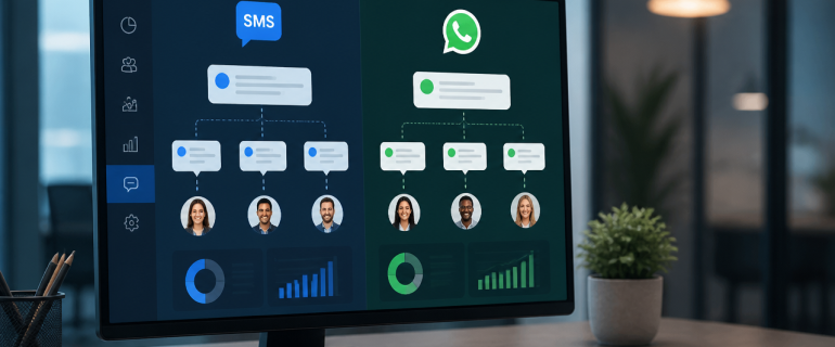 Comparación visual entre SMS masivos y WhatsApp Business API para empresas.