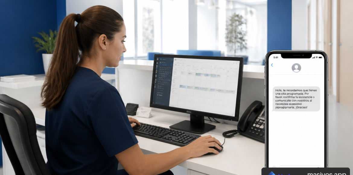 Coordinadora de clínica revisando recordatorios de citas por SMS en una agenda digital.