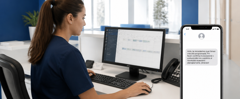 Coordinadora de clínica revisando recordatorios de citas por SMS en una agenda digital.
