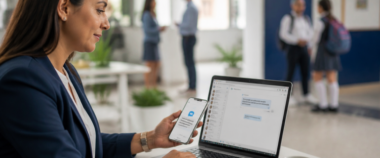 Coordinadora escolar gestionando SMS masivos para comunicarse con acudientes y estudiantes