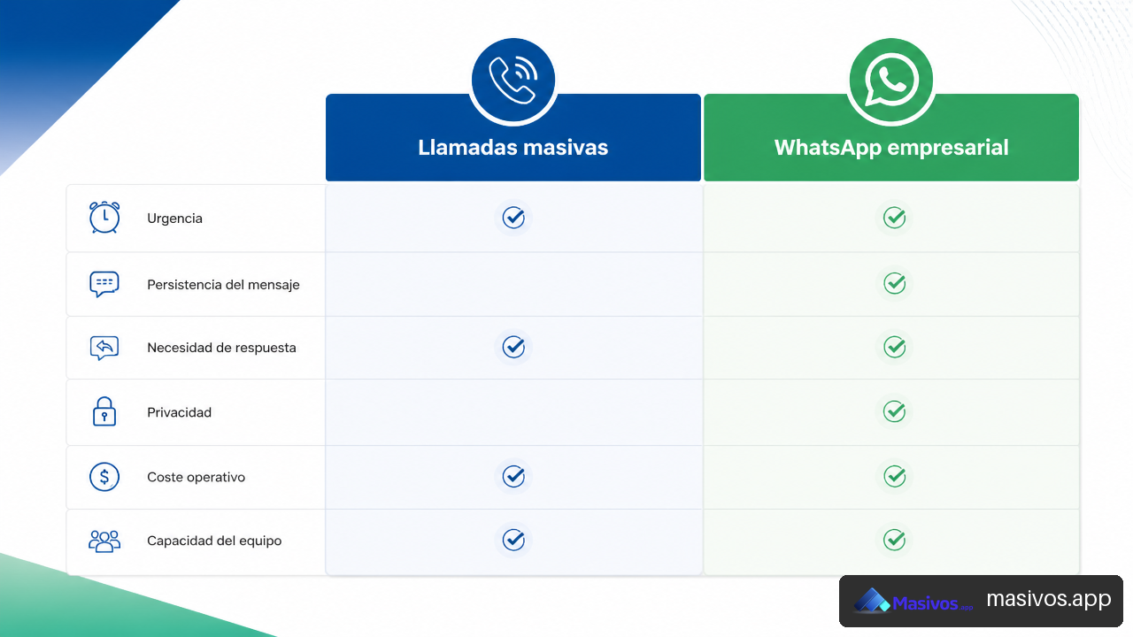 Criterios para elegir entre llamadas masivas y WhatsApp Business