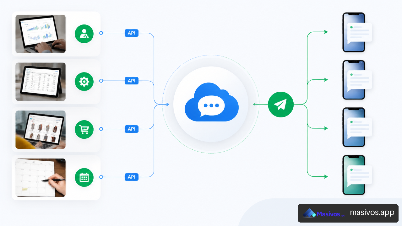 Diagrama de integración API entre sistemas empresariales y una plataforma de SMS