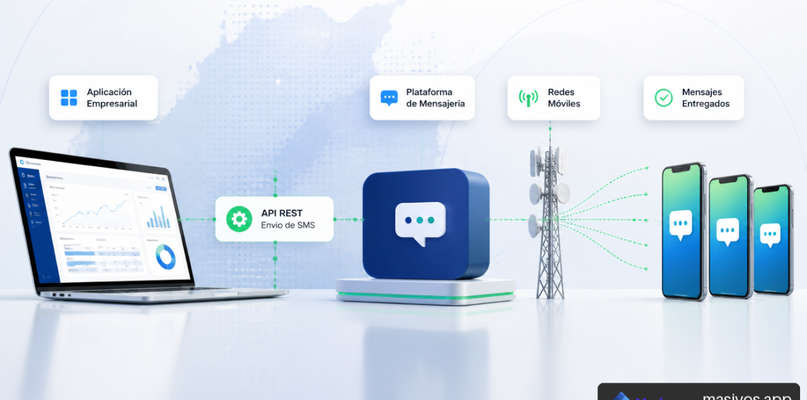 Diagrama de integración de una API SMS entre una aplicación empresarial, proveedor de mensajería y teléfonos en Colombia.