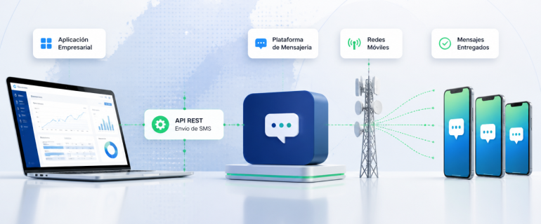 Diagrama de integración de una API SMS entre una aplicación empresarial, proveedor de mensajería y teléfonos en Colombia.