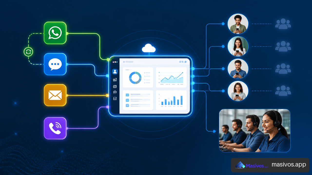 Diagrama de una estrategia multicanal con WhatsApp como canal principal y SMS como respaldo.