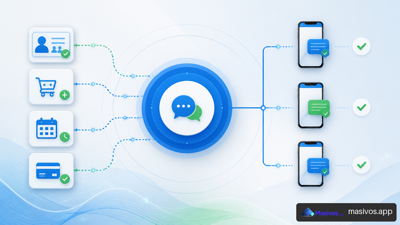Diagrama visual de automatización para envío de SMS masivos desde sistemas empresariales