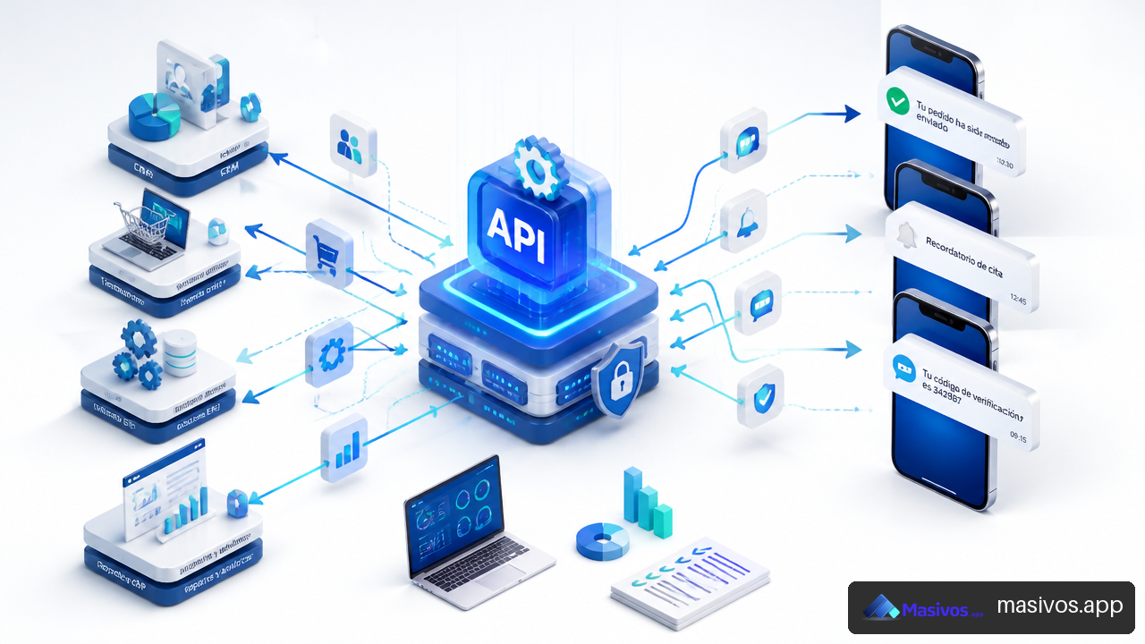 Diagrama visual de integración de API SMS con CRM, ERP y comercio electrónico