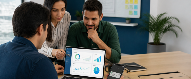 Equipo de marketing planificando una campaña de SMS masivos para publicidad