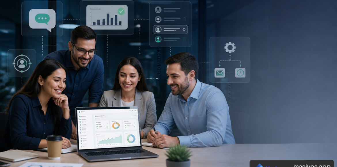 Equipo empresarial analizando una plataforma para enviar SMS masivos y medir campañas