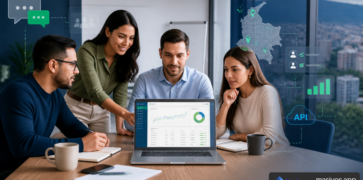 Equipo empresarial gestionando campañas de SMS masivos desde una plataforma en la nube