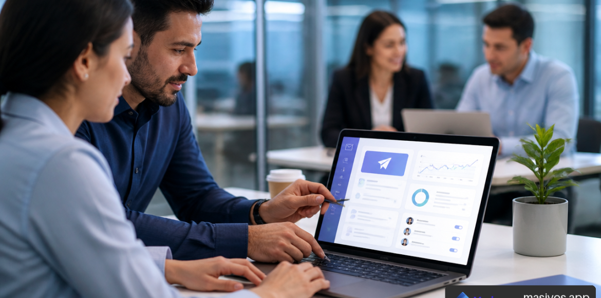 Equipo empresarial gestionando una campaña de SMS masivos desde una plataforma web.