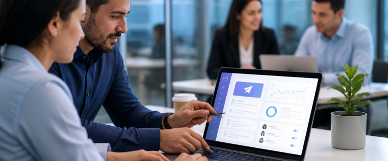 Equipo empresarial gestionando una campaña de SMS masivos desde una plataforma web.