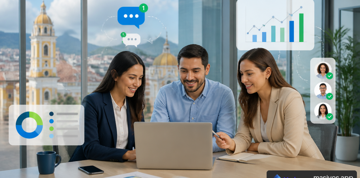 Equipo empresarial revisando una plataforma de SMS masivos y comunicaciones multicanal.