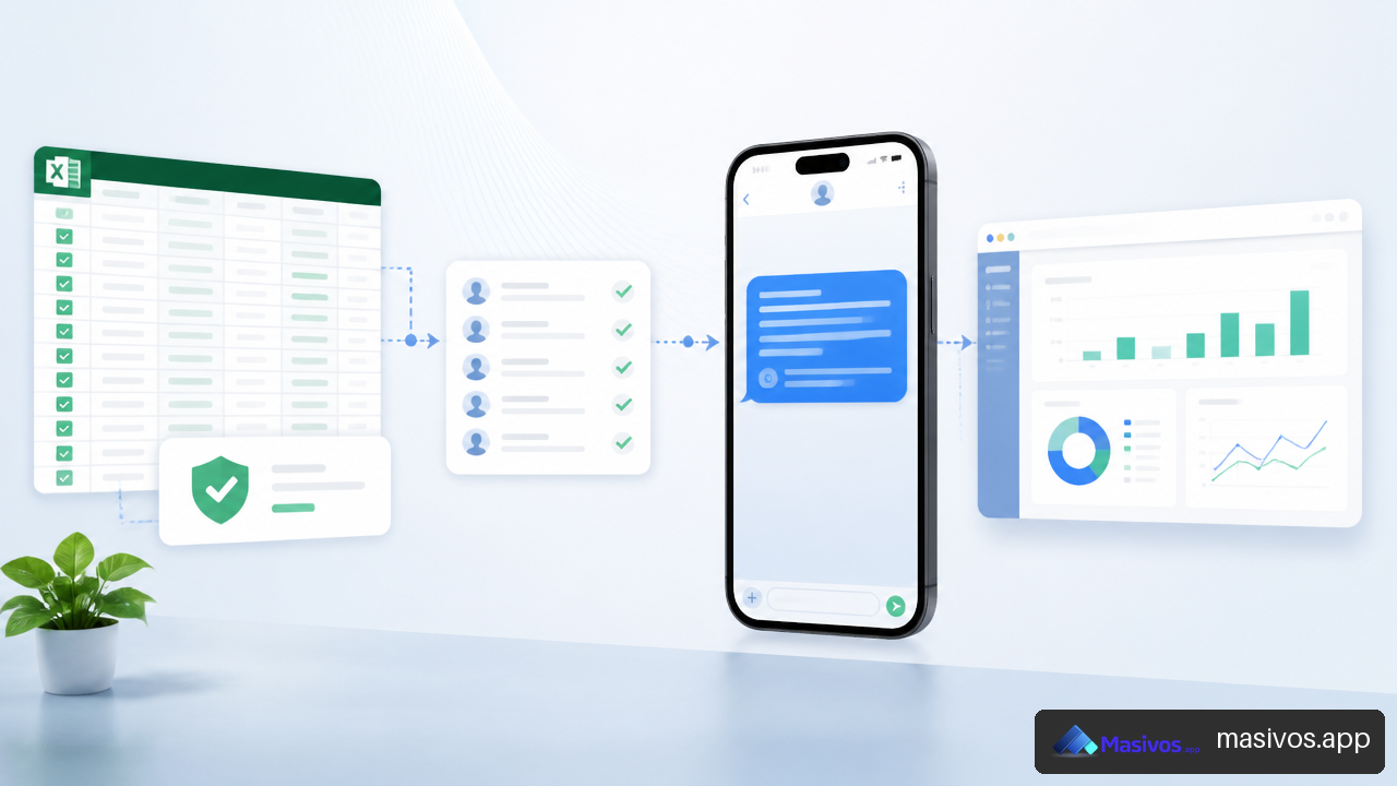 Flujo de validación de contactos, personalización y reporte para una campaña de SMS masivos.