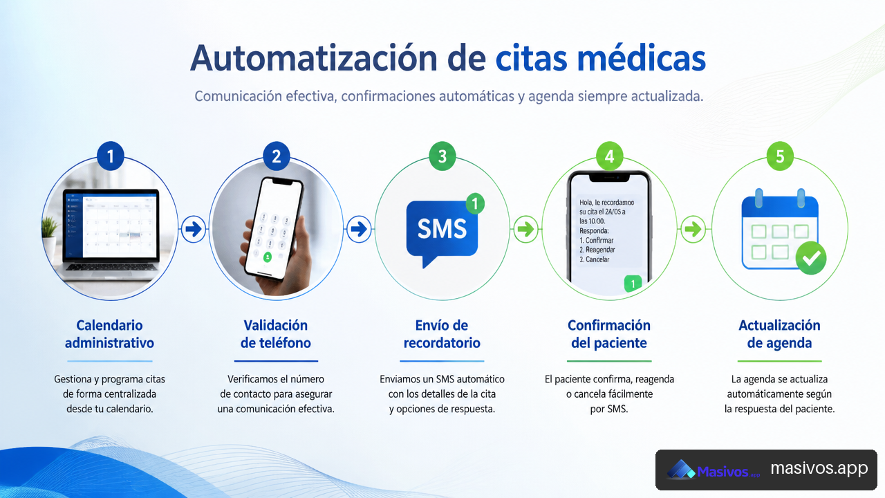 Flujo visual de automatización de recordatorios de citas médicas mediante SMS.