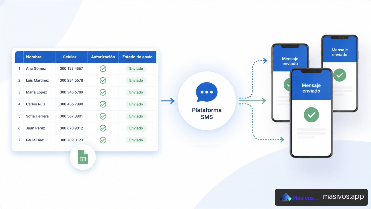 Flujo visual de una base de Excel hacia una plataforma de envío de SMS masivos