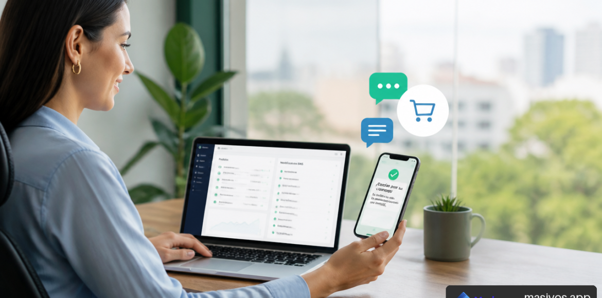 Gestora de ecommerce revisando pedidos y notificaciones SMS en un portátil y teléfono móvil