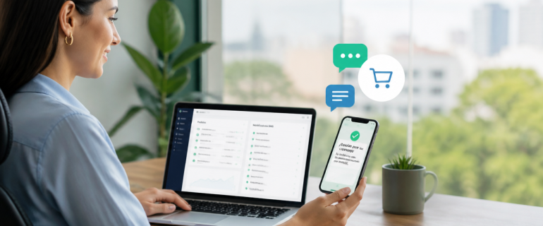 Gestora de ecommerce revisando pedidos y notificaciones SMS en un portátil y teléfono móvil