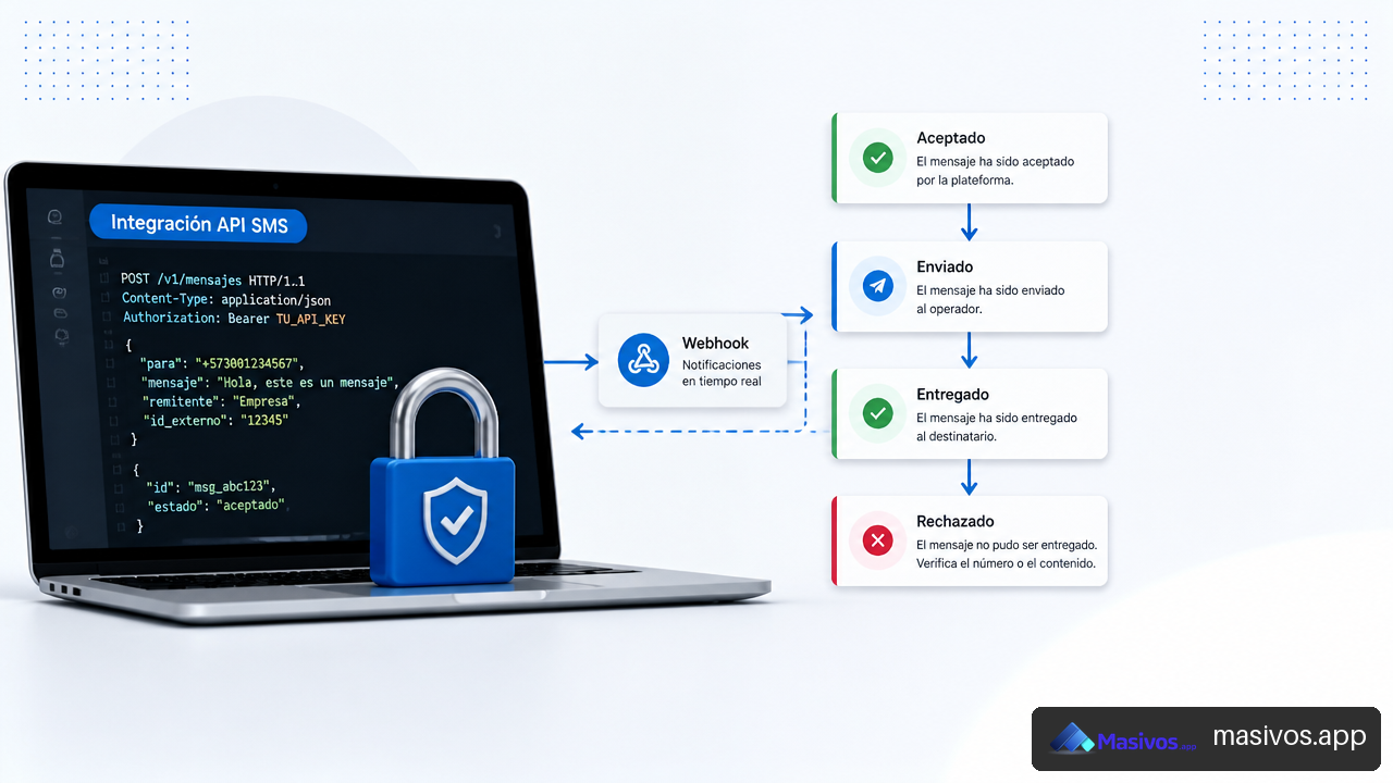 Ilustración de una integración API SMS segura con autenticación, webhooks y estados de entrega.