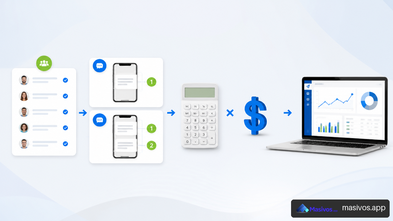 Ilustración del cálculo de costes por segmentos en una campaña de SMS masivos.