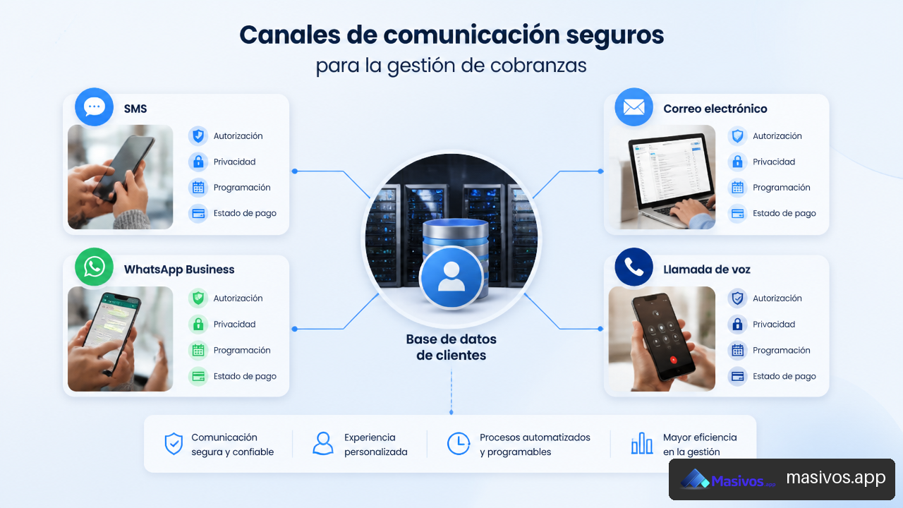 Infografía de SMS, WhatsApp, email y llamadas para comunicaciones de cartera con controles de autorización y privacidad.