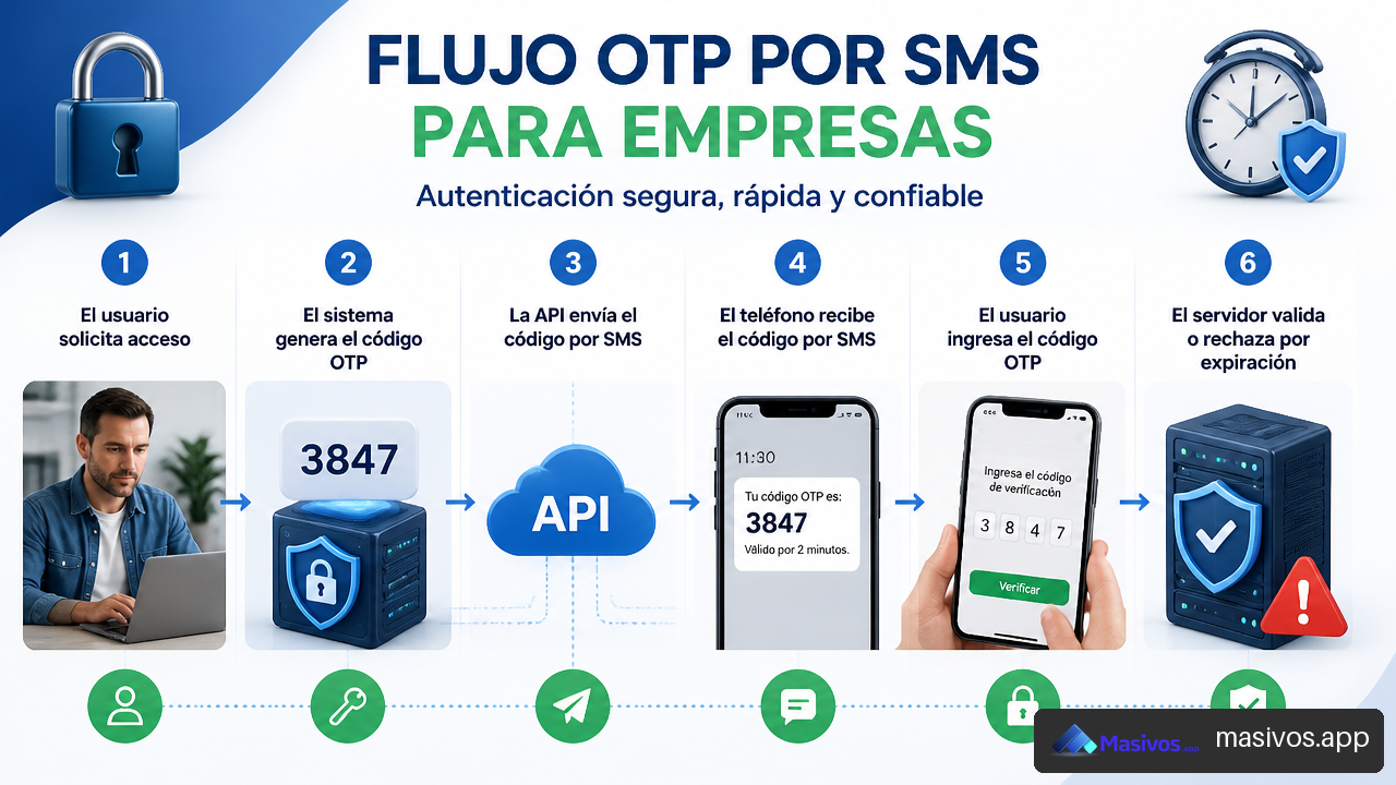 Infografía del proceso de generación, envío y validación de un código OTP por SMS.
