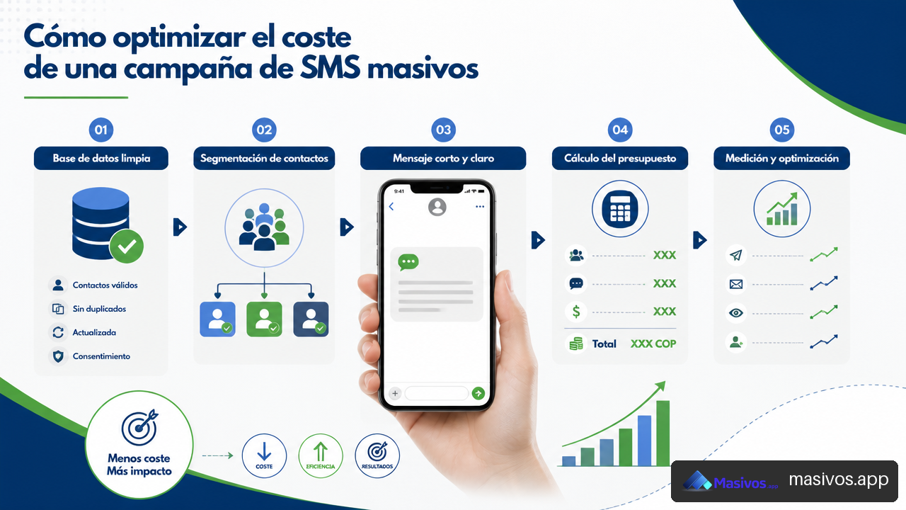 Infografía sobre segmentación, mensajes cortos y control de costes en campañas de SMS masivos.