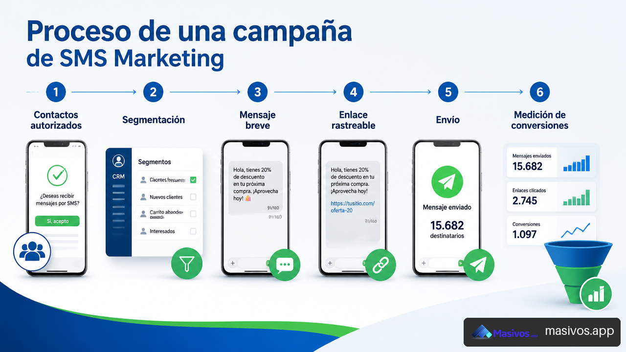 Proceso visual de segmentación, envío y medición de una campaña de SMS marketing