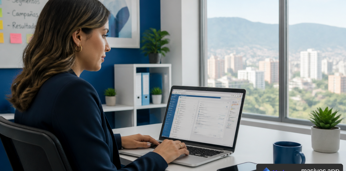 Profesional gestionando una campaña de mensajes de texto masivos desde un computador