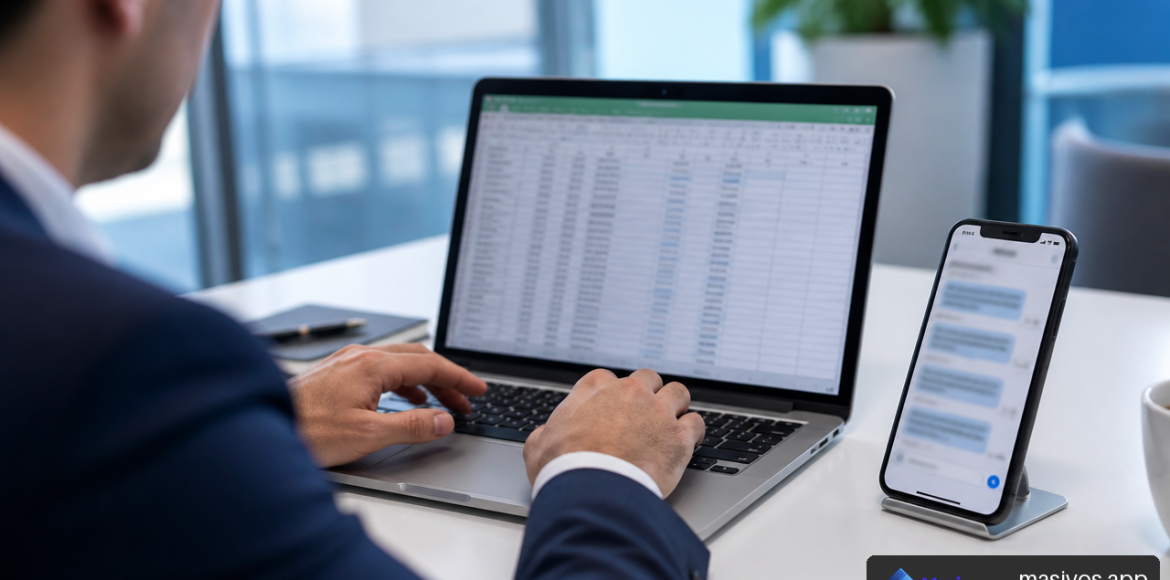 Profesional revisando una base de contactos de Excel para una campaña de SMS masivos