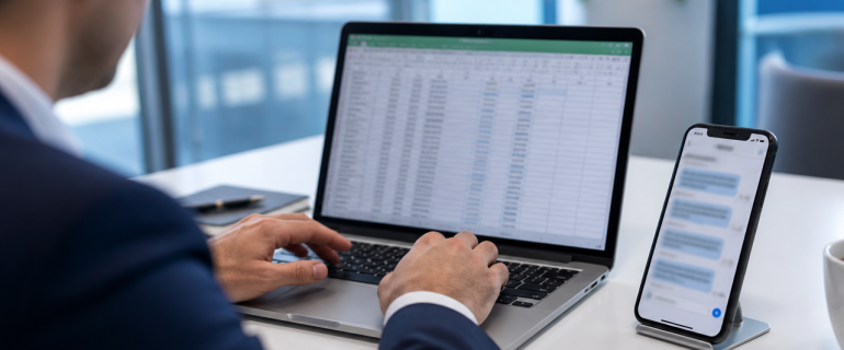 Profesional revisando una base de contactos de Excel para una campaña de SMS masivos